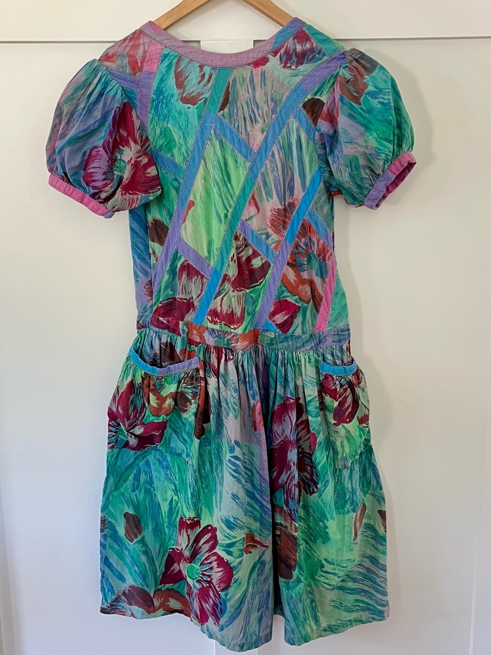 Rare Vintage Rene Derhy Paris colorful, floral dress, puff sleeves, pockets